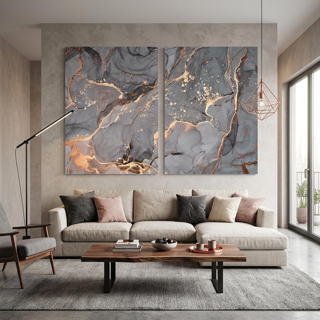 Modularer, grauer, abstrakter Kunstdruck mit goldenen Linien, mehrere Teile auf Leinwand