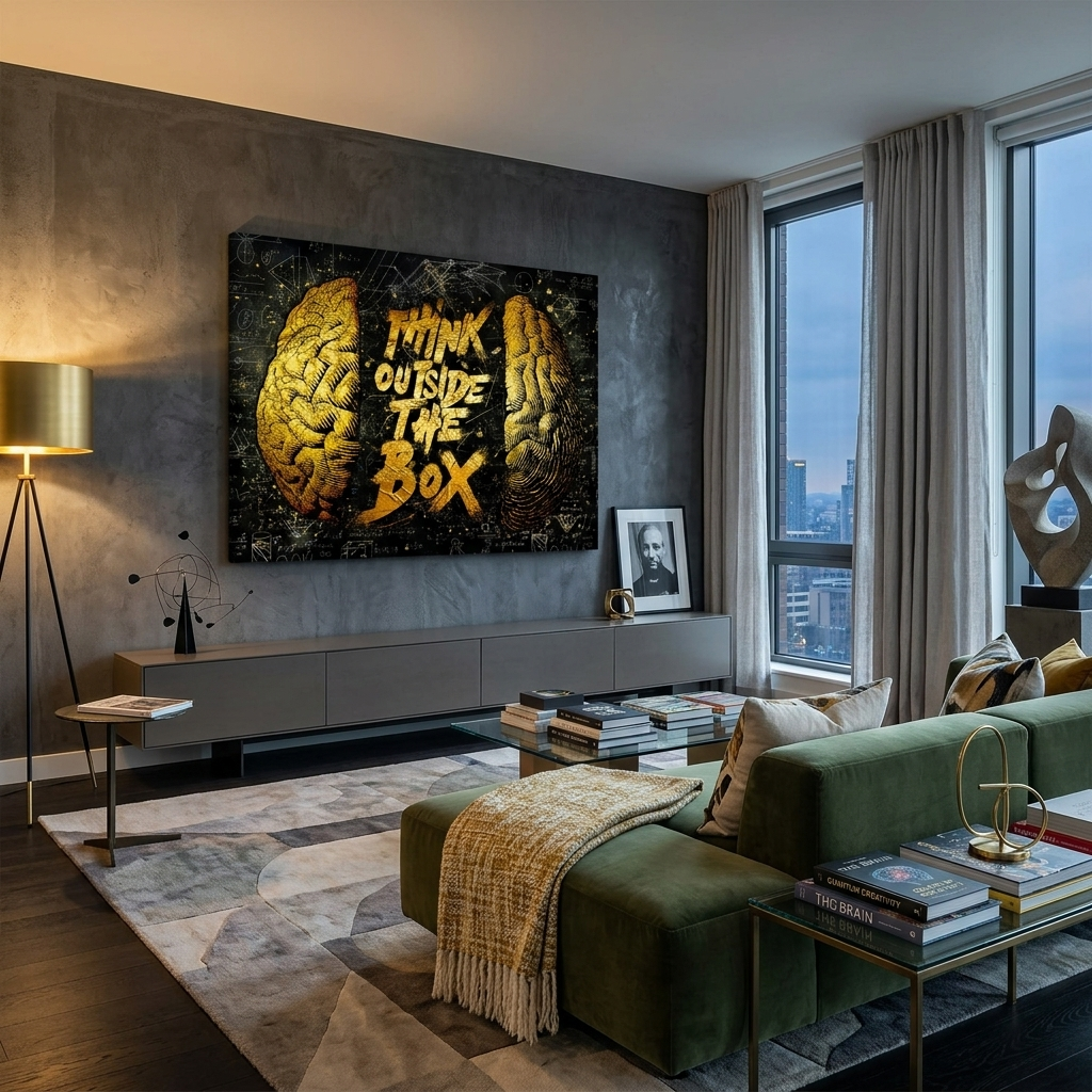 „Think outside the box“ – Schwarz-Gelb – Motivierender Kunstdruck auf Leinwand
