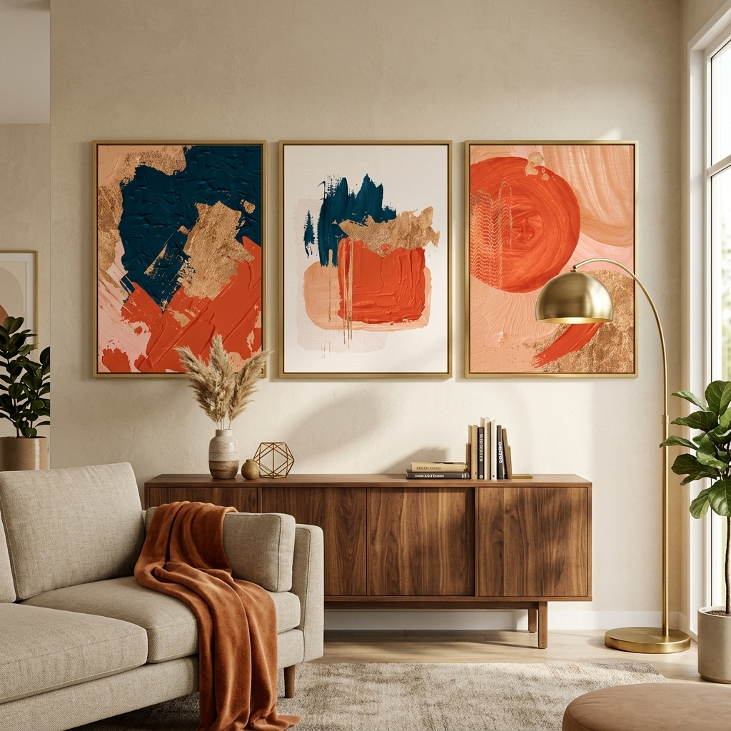 Modularer, abstrakter Kunstdruck auf Leinwand, mehrteilig, Orange und Blau mit goldenen Elementen
