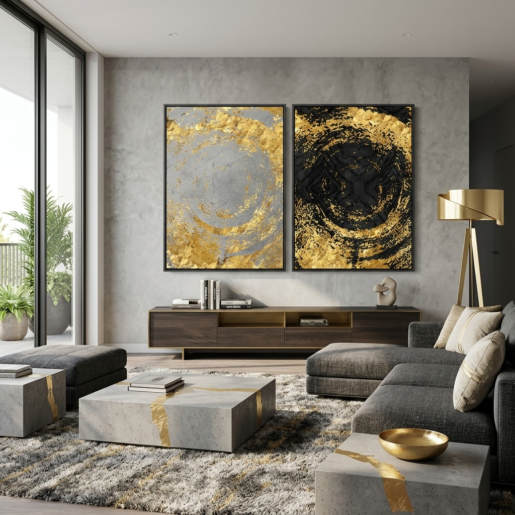 Modularer abstrakter Kunstdruck auf mehrteiliger Leinwand in Schwarz, Gold und Grau