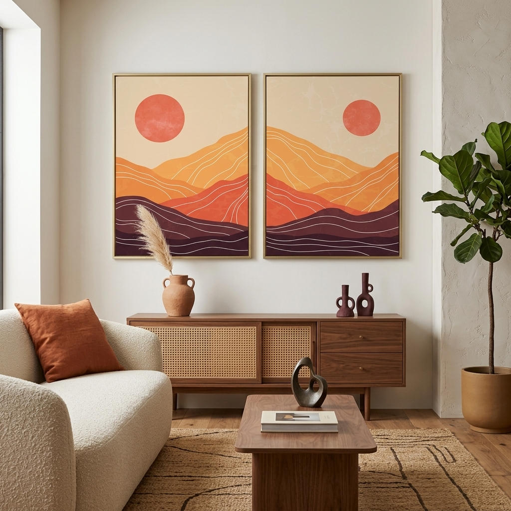 Modularer abstrakter Wüstendruck in den Farben Orange, Braun und Rot. Mehrteiliger Leinwand-Kunstdruck