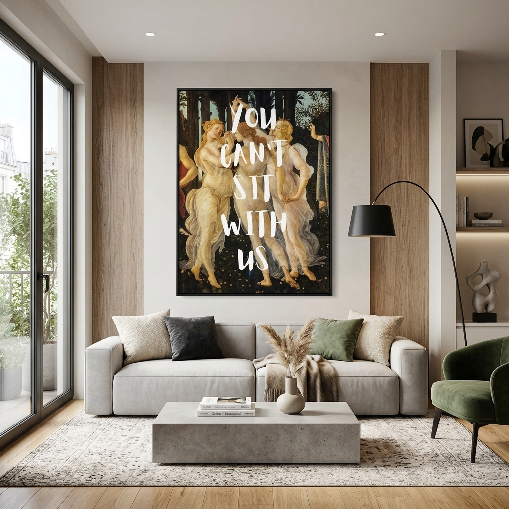 Kunstdruck auf Leinwand, Motiv: Drei Grazien. Du kannst nicht bei uns sitzen