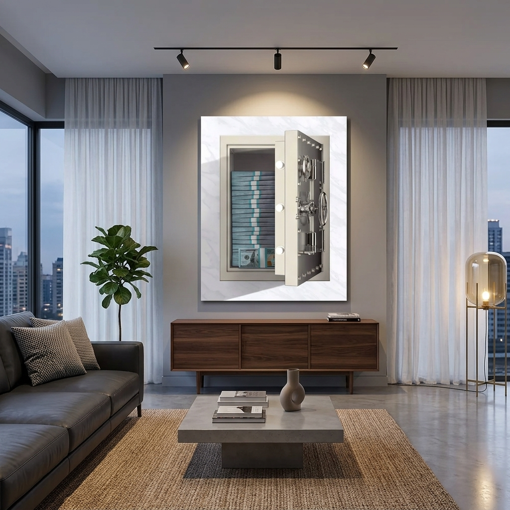Der Safe mit dem Geld Inspirierender Kunstdruck auf Leinwand