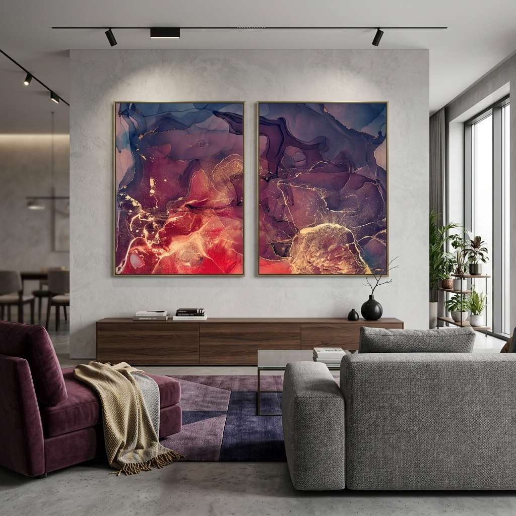 Modularer Kunstdruck auf Leinwand, mehrteilig, Rot, Abstrakt mit dunkelvioletten Farbtönen