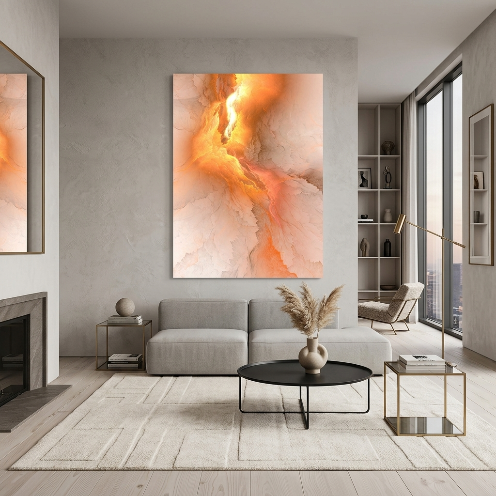 Weißes abstraktes Bild mit einem vertikalen hellgelben Schimmer Abstraktion auf Leinwand, Kunstdruck