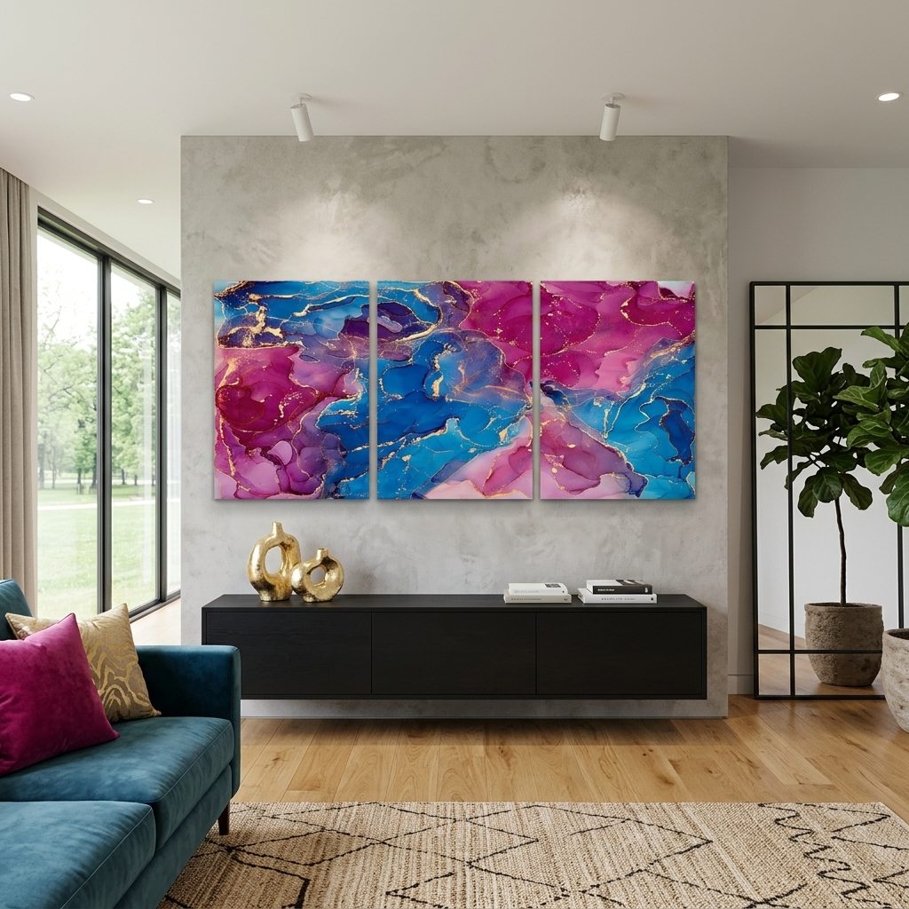 Modulare Abstraktion in Rosa- und Blautönen, mehrteiliger Kunstdruck auf Leinwand