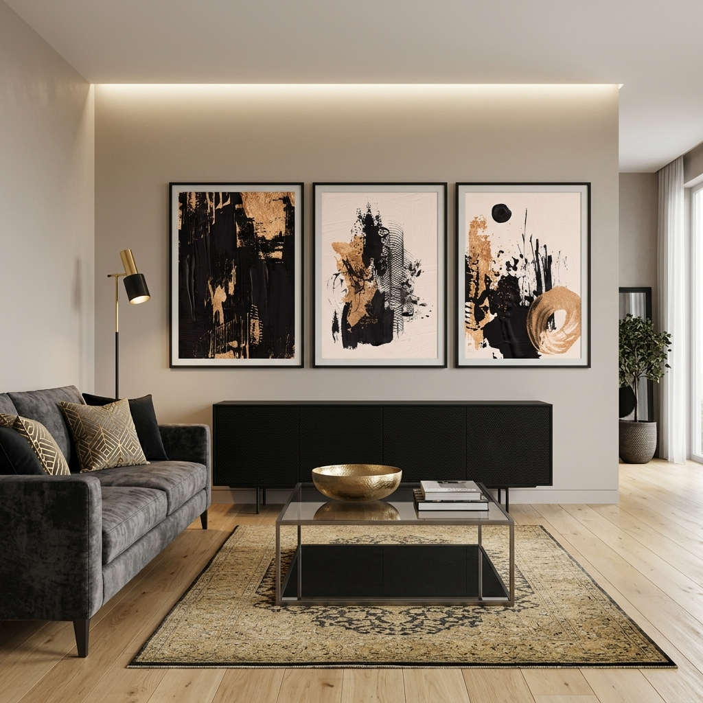 Modularer abstrakter Kunstdruck auf Leinwand, mehrteilig, Schwarz und Gold