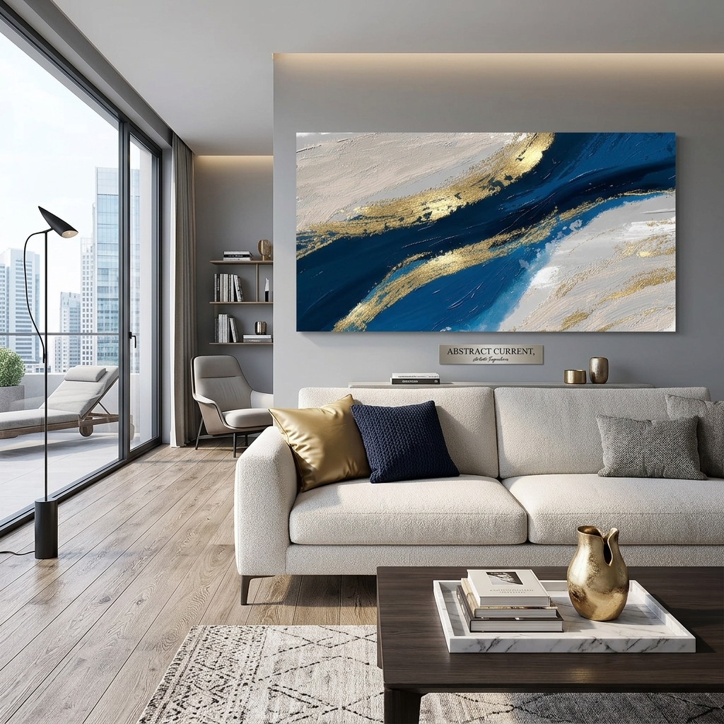 Grau-blauer und goldener Abstraktions-Kunstdruck auf Leinwand