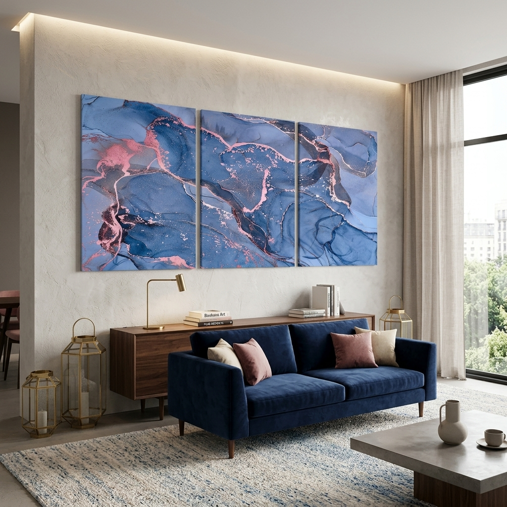 Modularer Kunstdruck auf Leinwand, mehrere Teile, in einem hellblauen und rosa Farbton