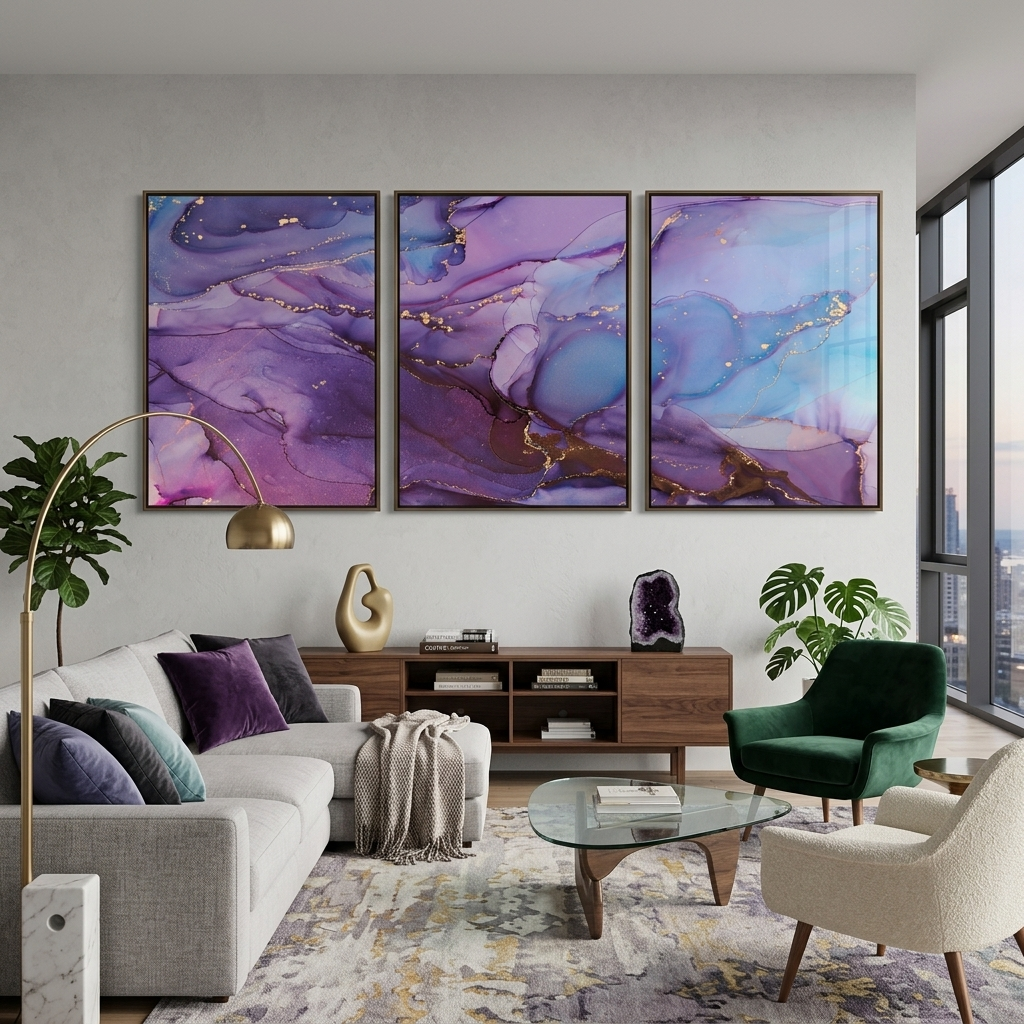 Modularer abstrakter Kunstdruck auf Leinwand, mehrteilig, Rosa und Lila