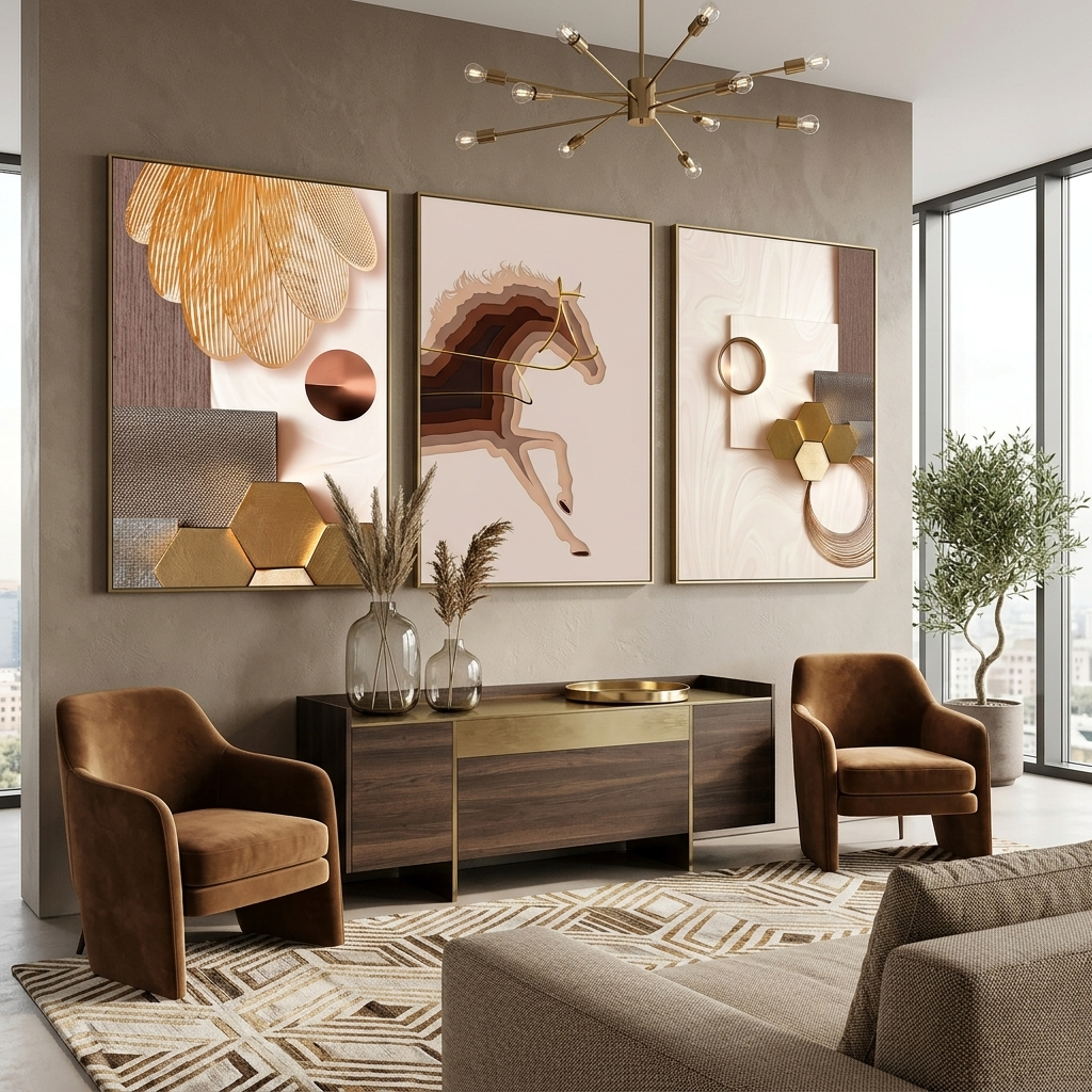 Modularer Kunstdruck auf Leinwand, mehrere Teile, in Beige- und Goldtönen