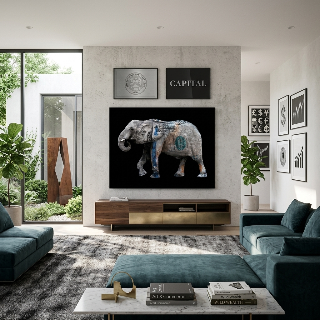 Ein Elefant in der Farbe eines Dollars. Inspirierender Kunstdruck auf Leinwand.
