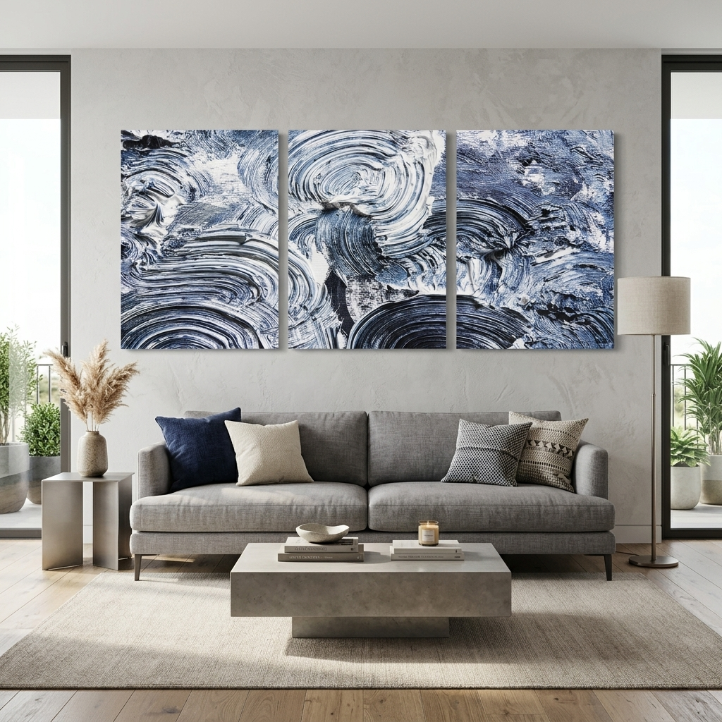 Mehrteiliger Kunstdruck auf Leinwand, Blaue Striche auf weißer Farbe