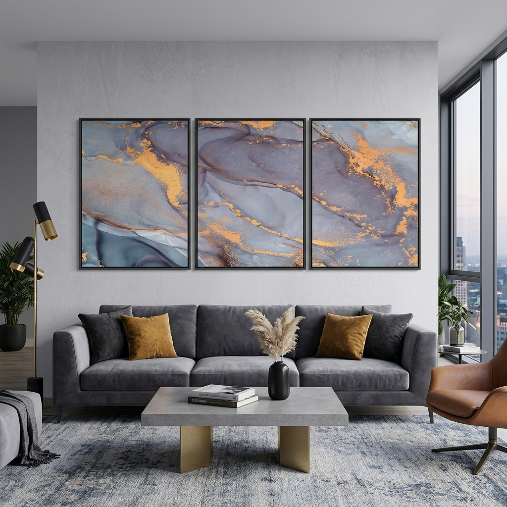 Modularer, grau-goldener abstrakter Kunstdruck mit goldenen Elementen, mehrere Teile auf Leinwand
