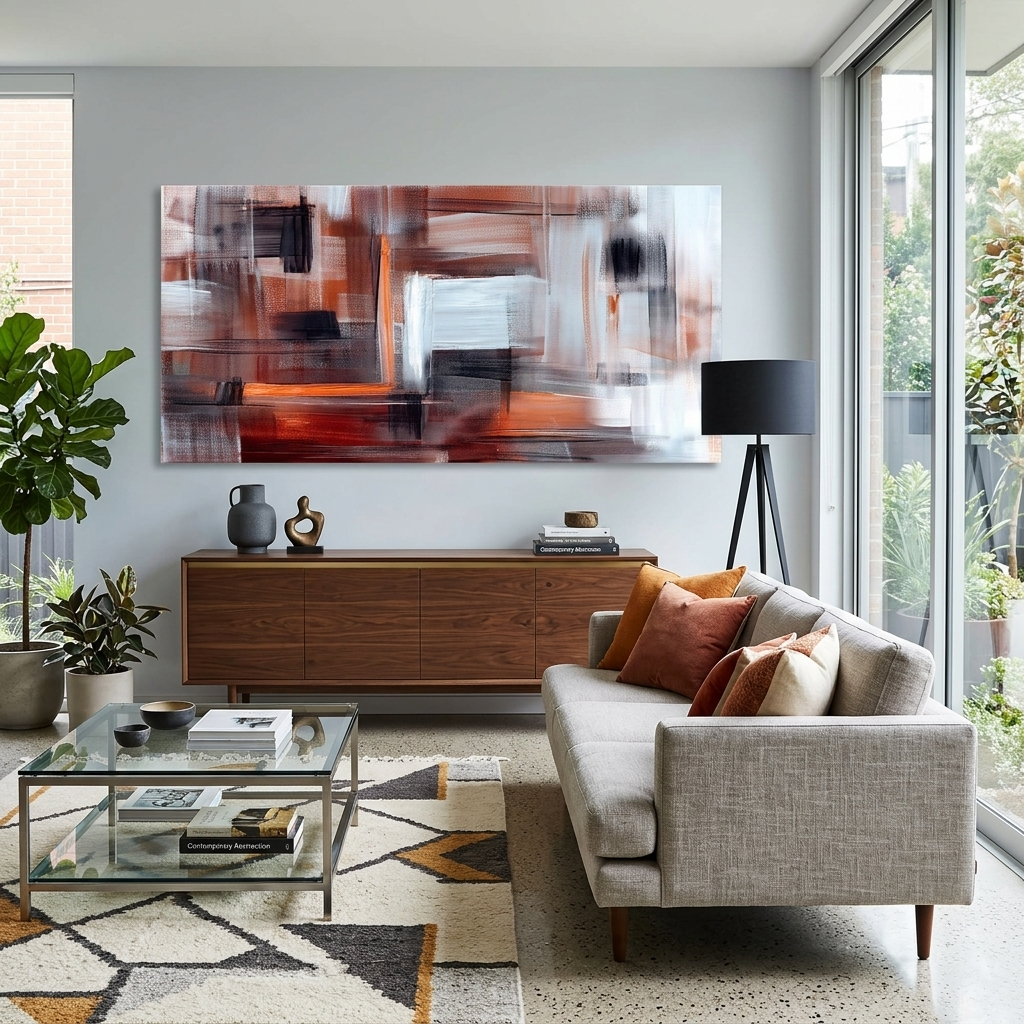 Kunstdruck auf Leinwand, Motiv: Abstraktion, Weiß, Orange, Braun und Schwarz