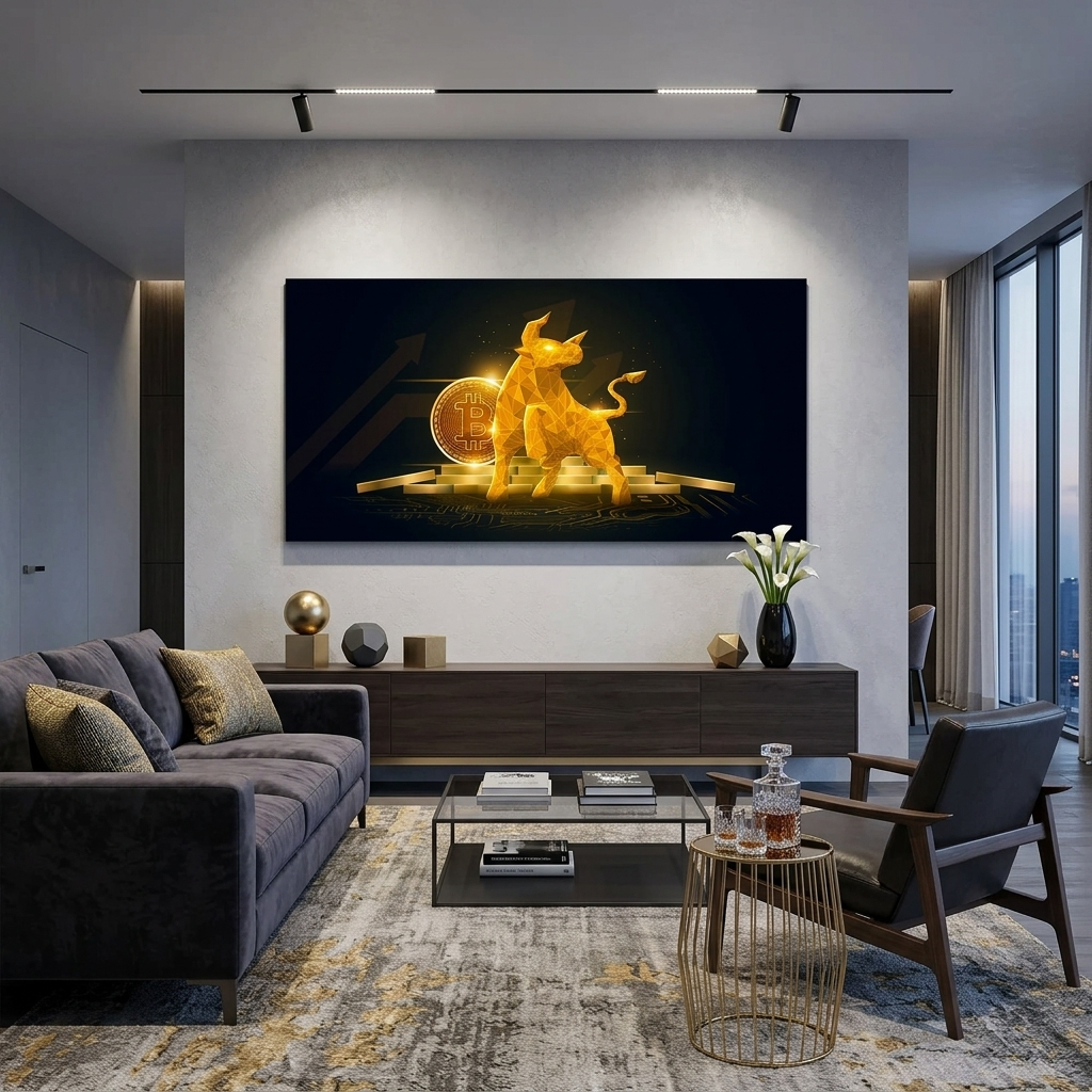 Bitcoin Goldmünze und Goldbarren Inspirierender Leinwand-Kunstdruck