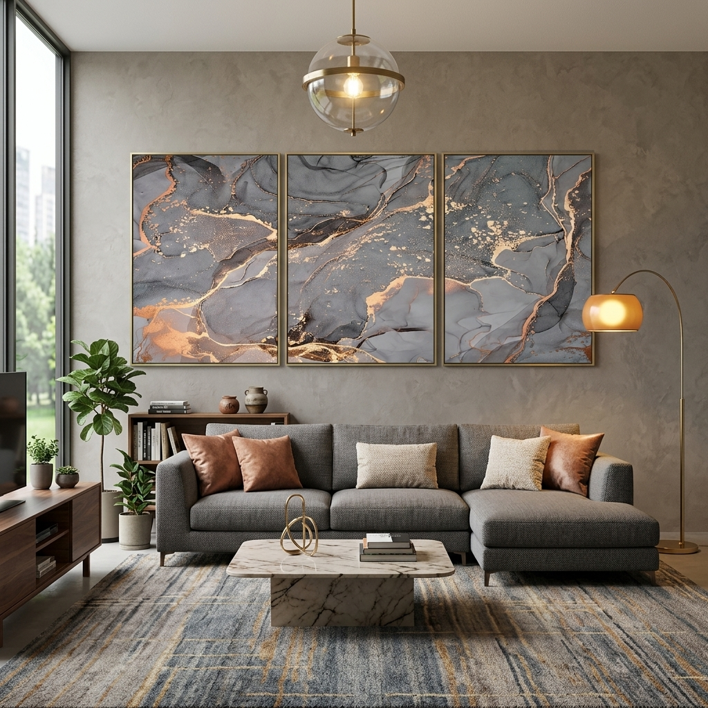 Modularer abstrakter Kunstdruck auf Leinwand, mehrere Teile, grau-gold