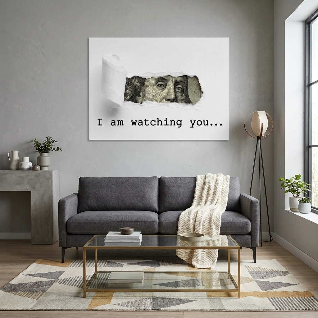 Dolar. Ich beobachte dich. Inspirierender Kunstdruck auf Leinwand