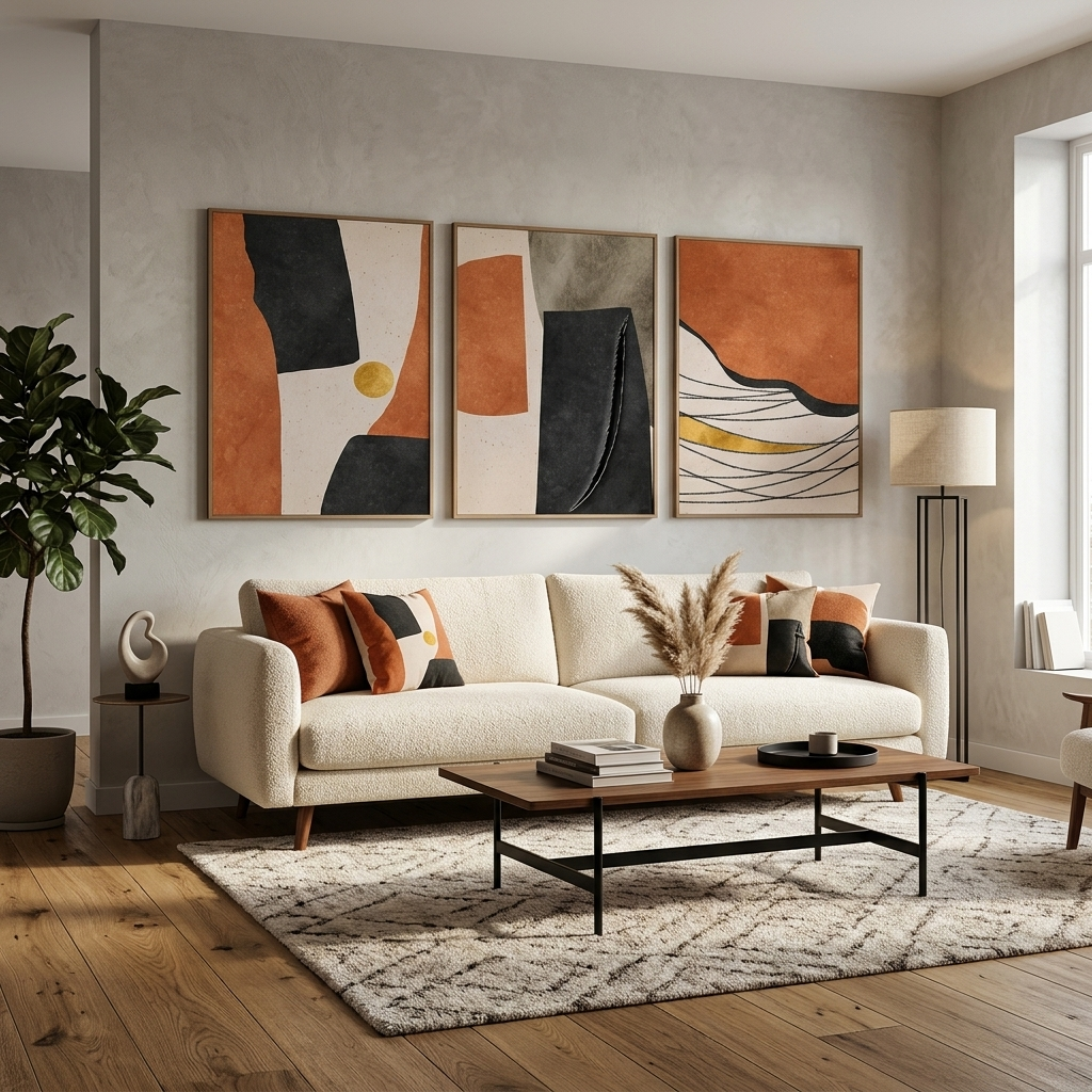 Modularer abstrakter Kunstdruck auf mehrteiliger Leinwand mit ausgeprägtem Orangeton