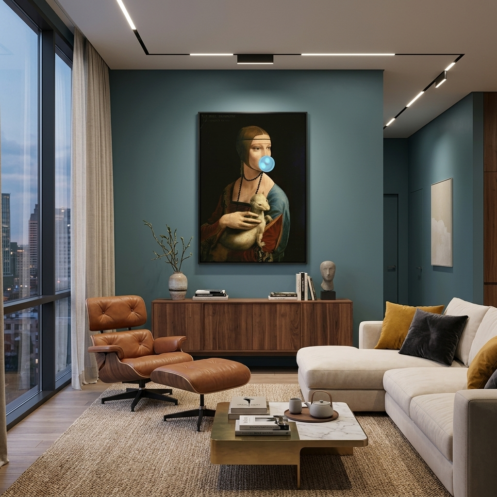 Kunstdruck auf Leinwand, Dame mit Hermelin und blauem Gummi