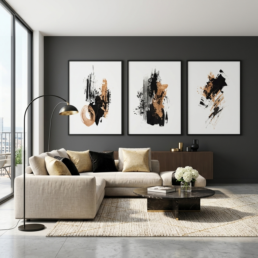 Modularer abstrakter Kunstdruck auf Leinwand, mehrteilig, Schwarz und Gold
