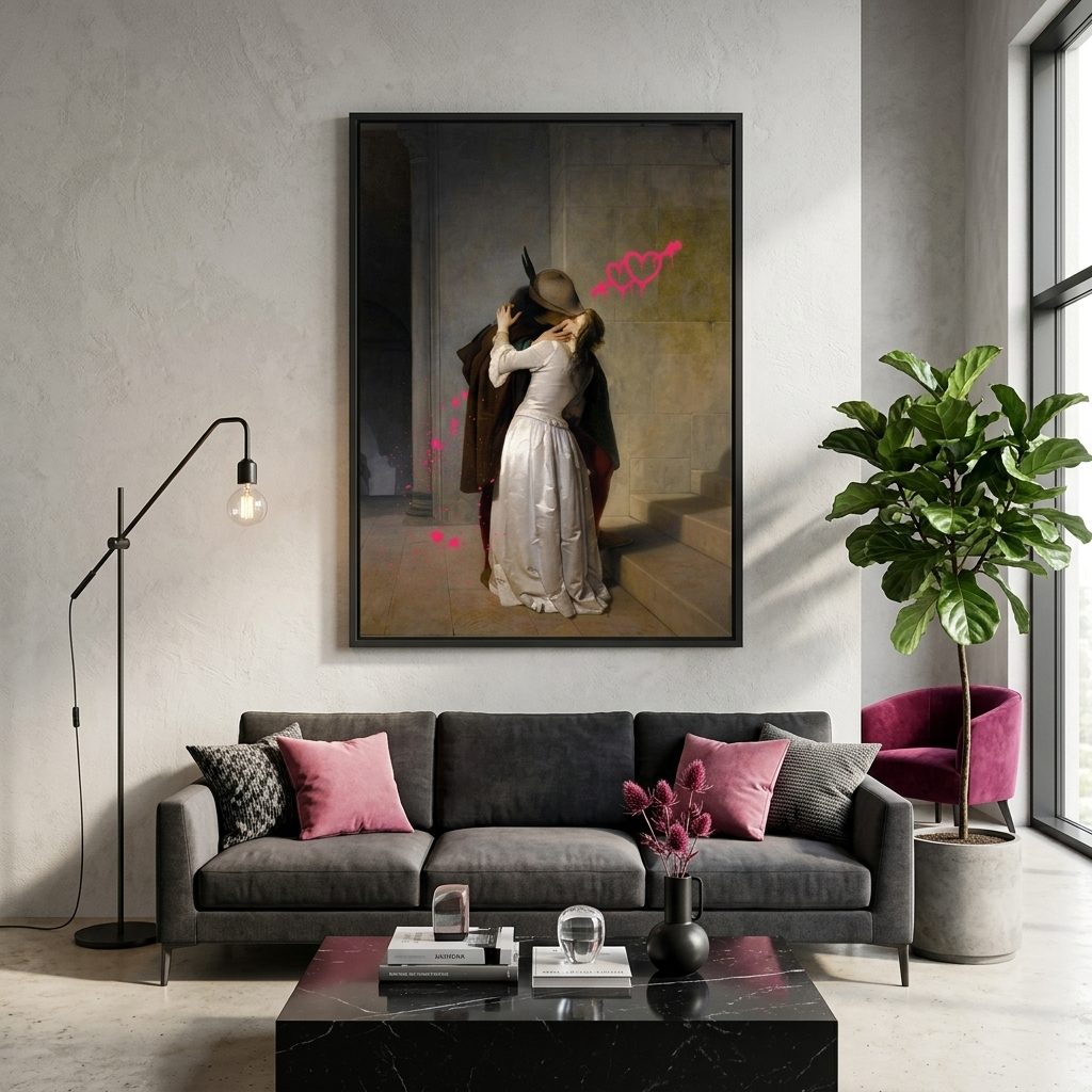 Leinwandbild Kiss von F. Ayets mit rosa Herzen