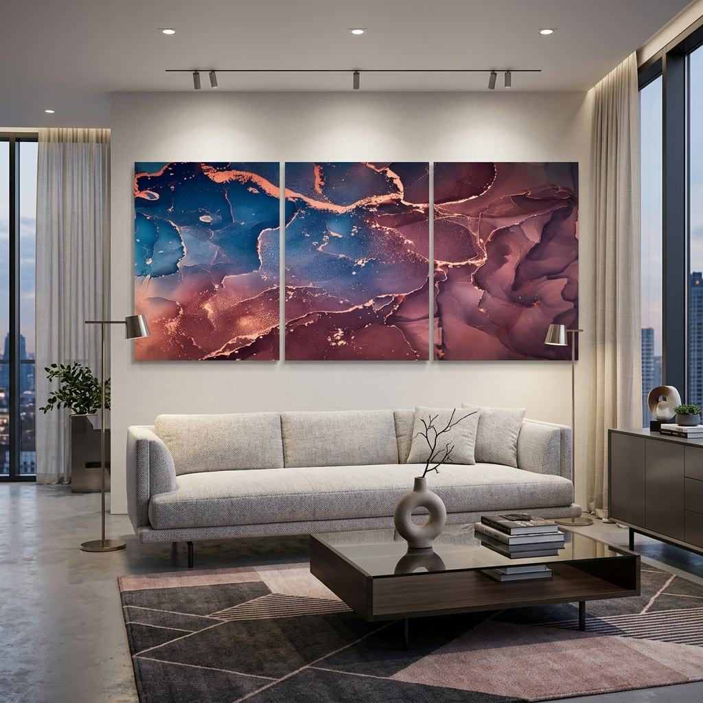 Modularer abstrakter Kunstdruck auf Leinwand, mehrteilig, Burgunderrot und Blau