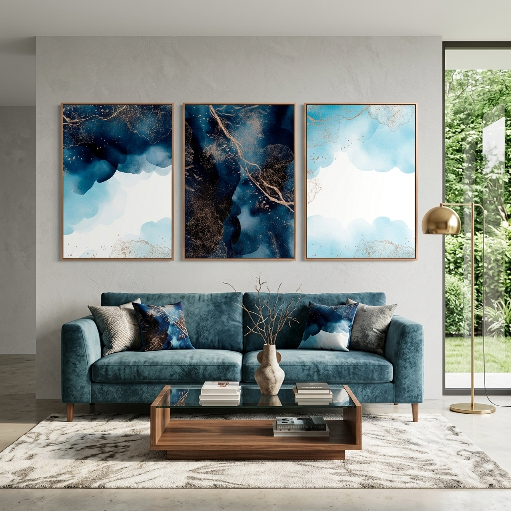 Modularer Kunstdruck auf Leinwand, abstrakt, Marineblau mit goldenen Elementen, mehrere Teile