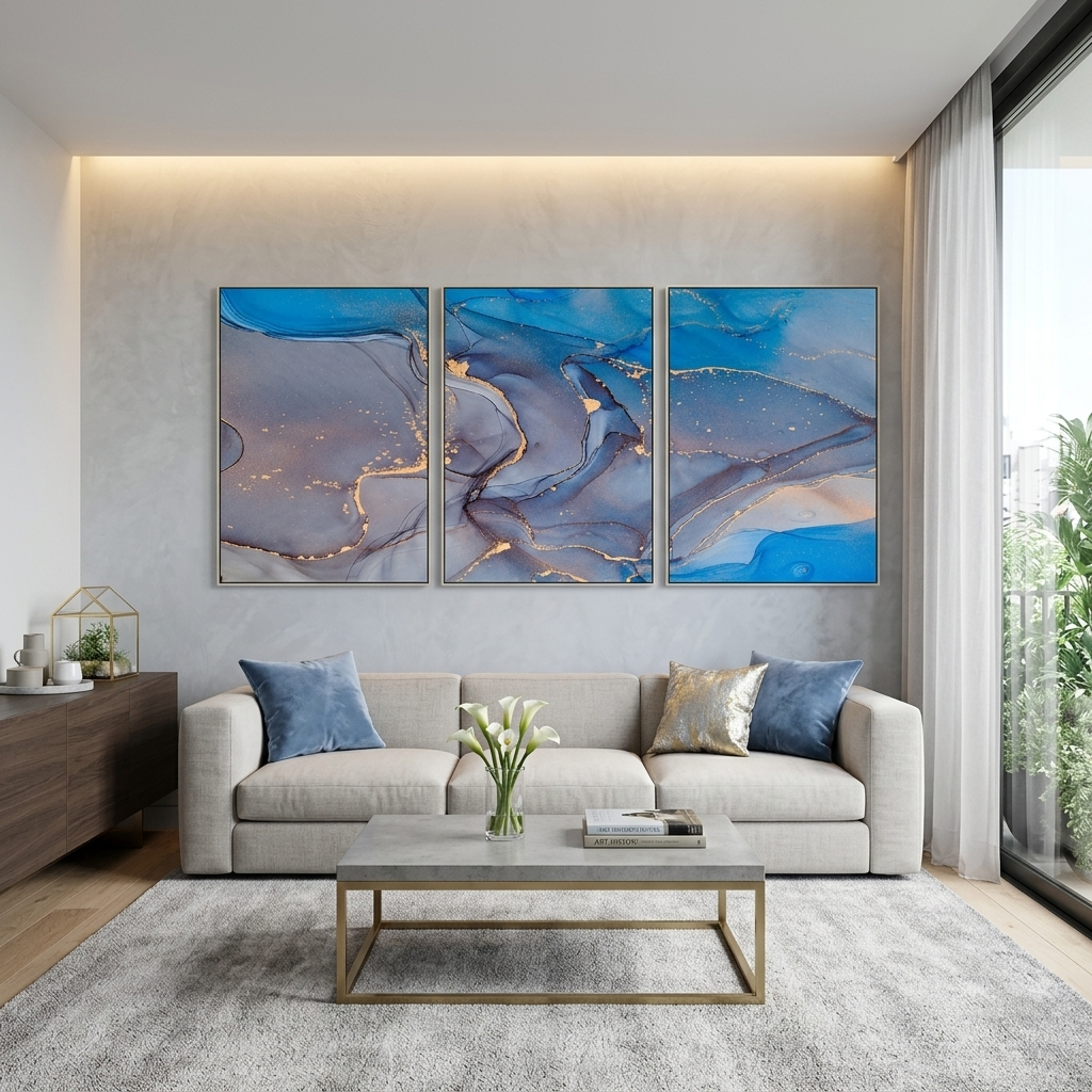 Modularer abstrakter blau-grauer mehrteiliger Kunstdruck auf Leinwand