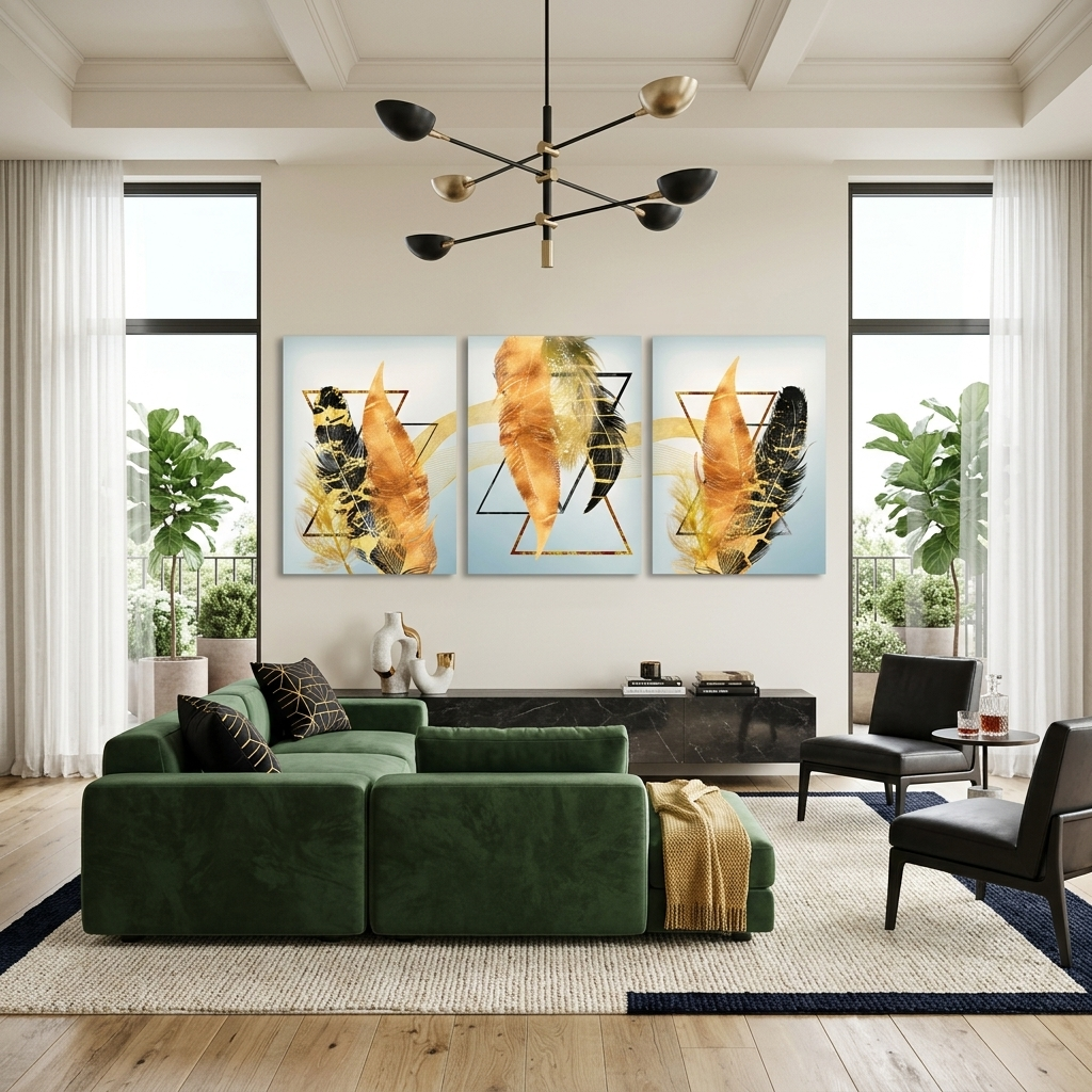 Modularer Kunstdruck auf Leinwand, mehrteilig, mit schwarzen und goldenen Federn