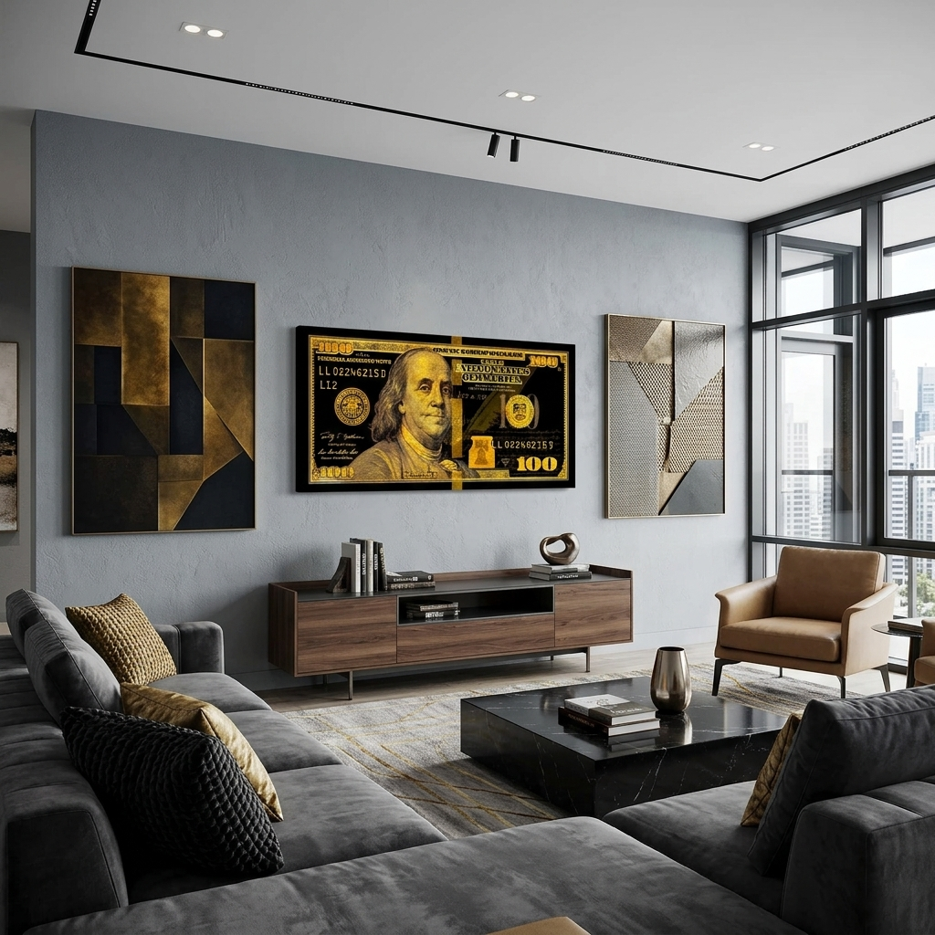100 Dollar Schein Schwarz und Gold Motivierender Leinwand-Kunstdruck