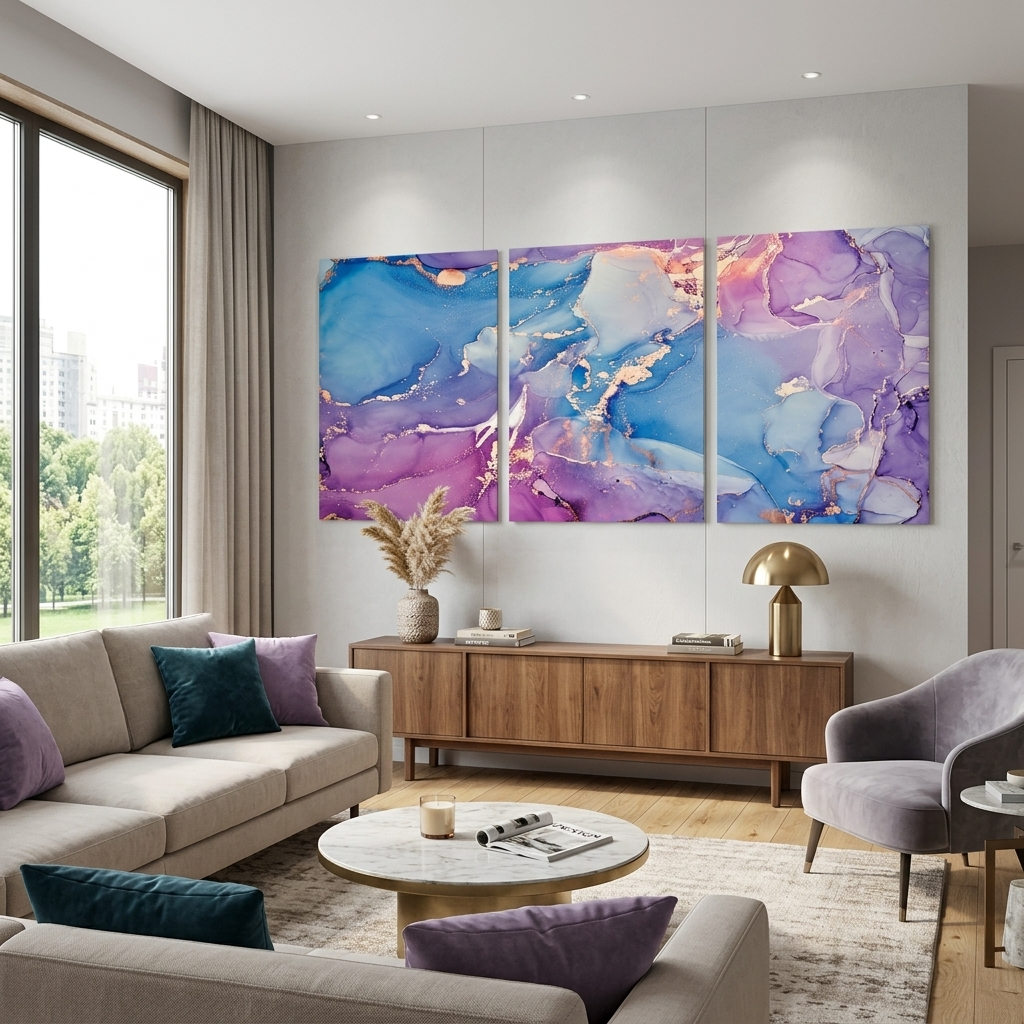Modularer lila-blauer abstrakter mehrteiliger Kunstdruck auf Leinwand