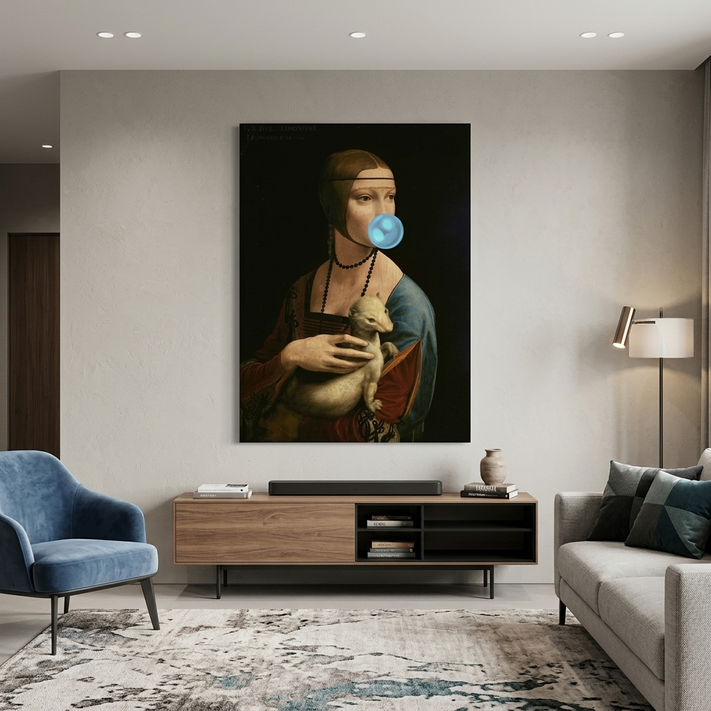 Kunstdruck auf Leinwand, Dame mit Hermelin und blauem Gummi