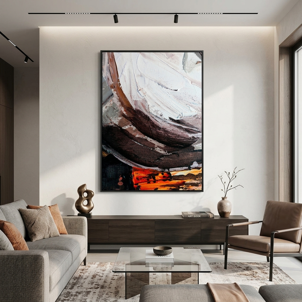 Vertikale Abstraktion in Orange, Schwarz, Braun und Weiß. Abstraktion auf Leinwand, Kunstdruck