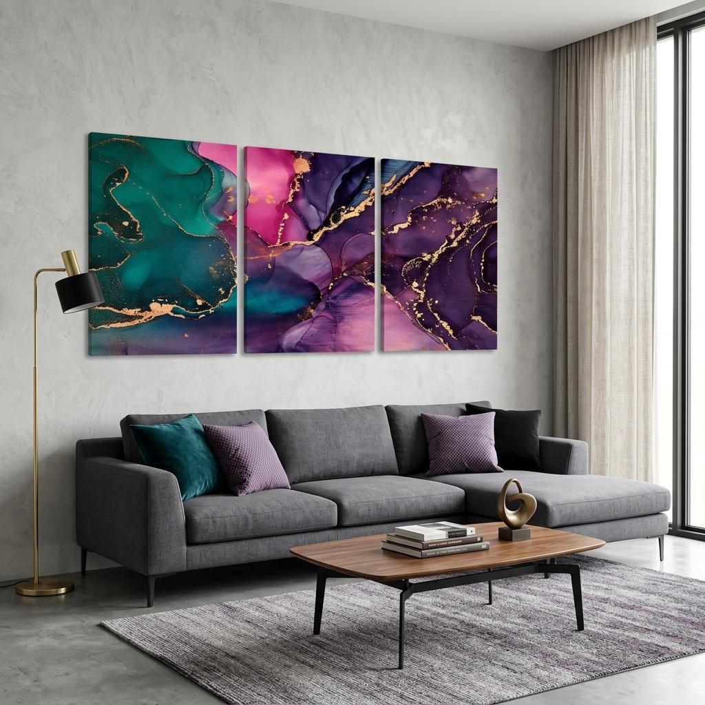 Modularer abstrakter Kunstdruck auf Leinwand, mehrteilig, Violett und Grün