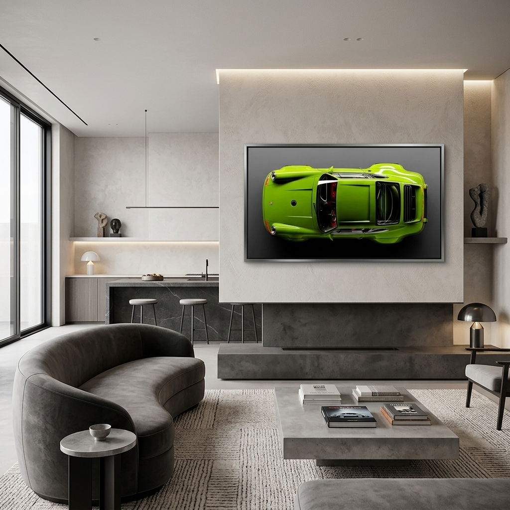 Сar lettuce green Porsche 911 on gray background  Canvas Wall Art Print