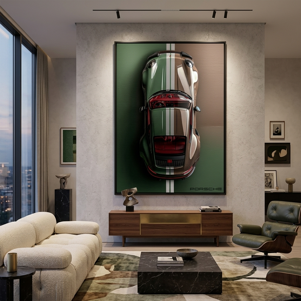 Leinwandbild, Porsche 911, grün, auf grauem Hintergrund