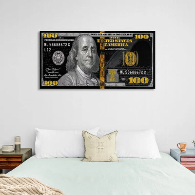 100 Dollar Schwarz, Grau und Gold Inspirierender Leinwand-Kunstdruck