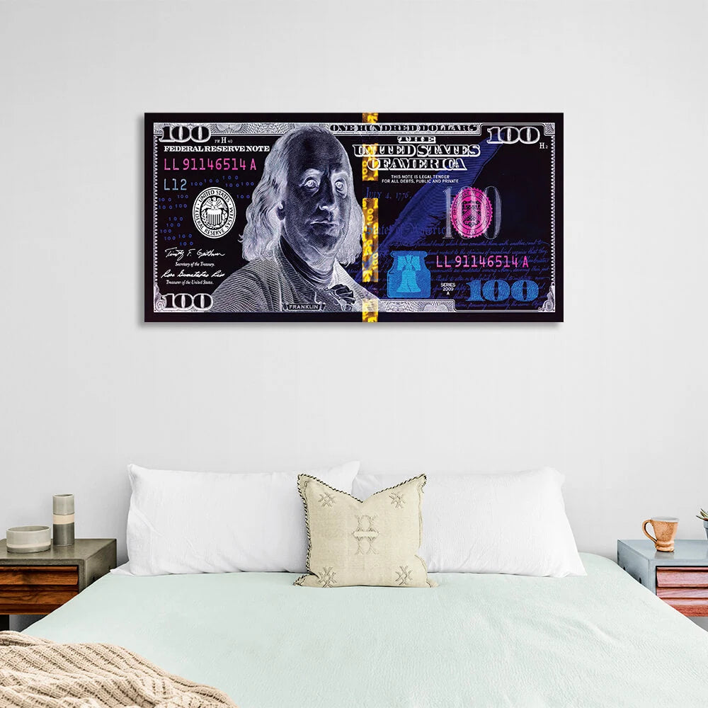 100 dollars black, white and blue inversion Inspirational Canvas Wall Art Print