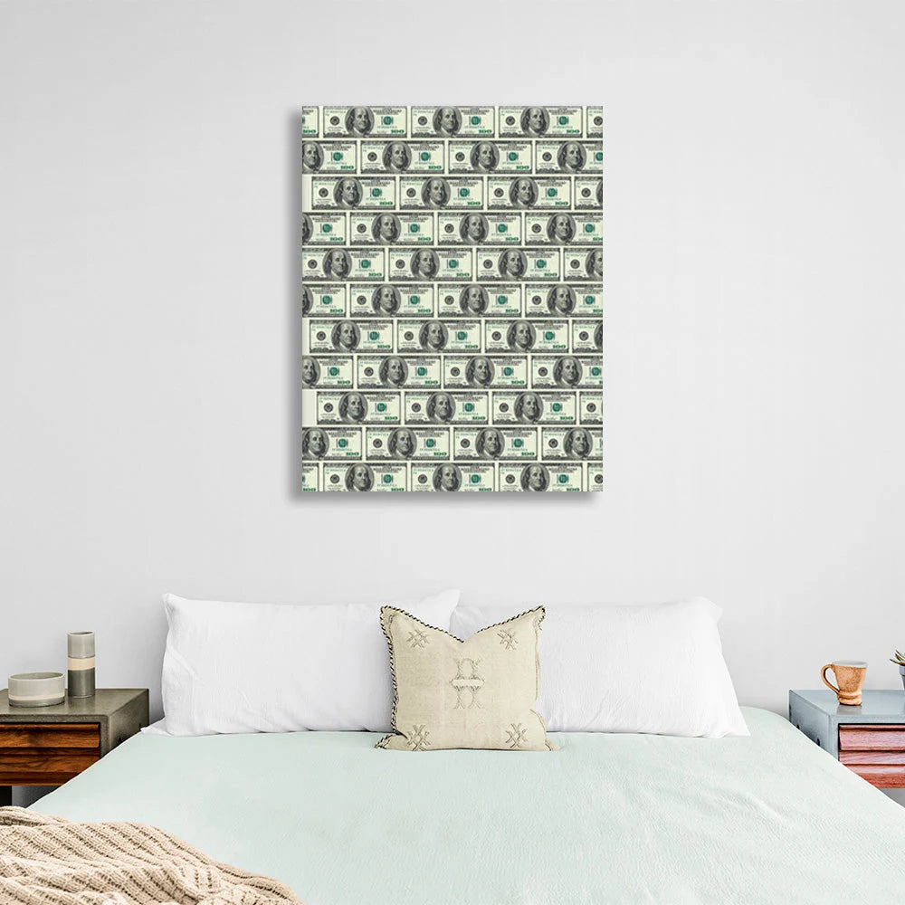 100-dollar bills are laid out in rows Inspirational Canvas Wall Art Print