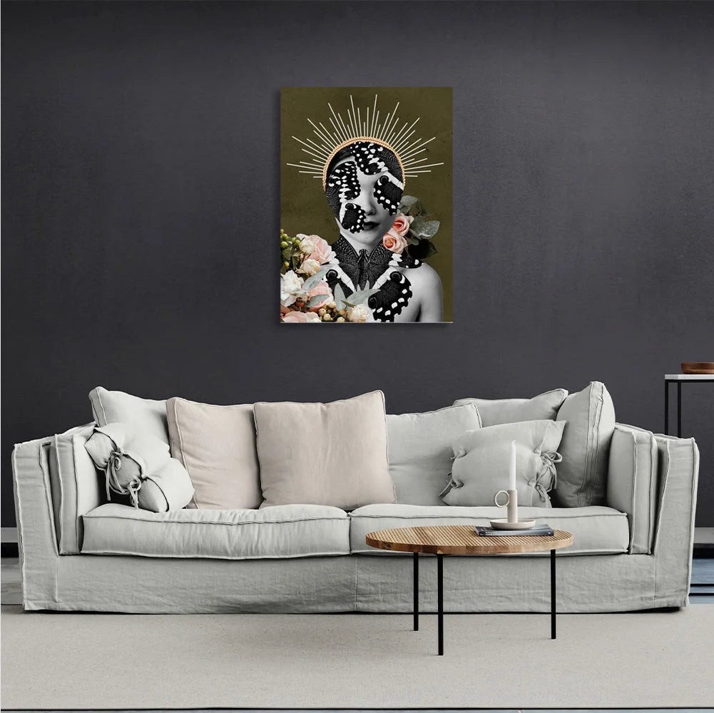 A girl with flowers and butterflies Canvas Wall Art Print