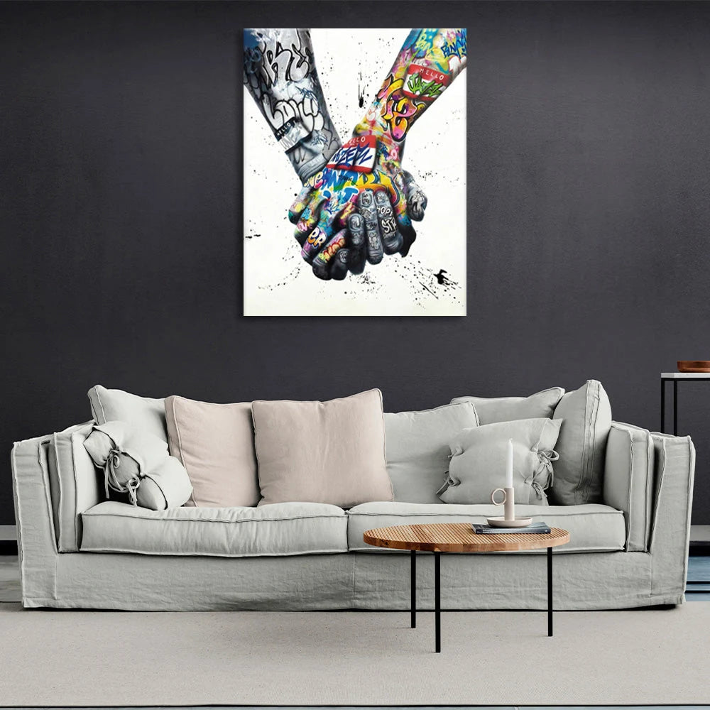 A hand with a dark coloring and a hand with a bright coloring Canvas Wall Art Print