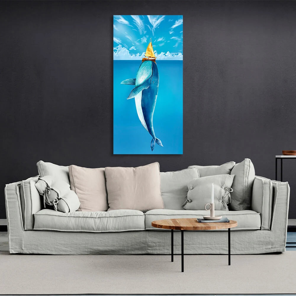 Kunstdruck auf Leinwand „Ein Wal auf See unter einem Boot mit blauem Himmel“