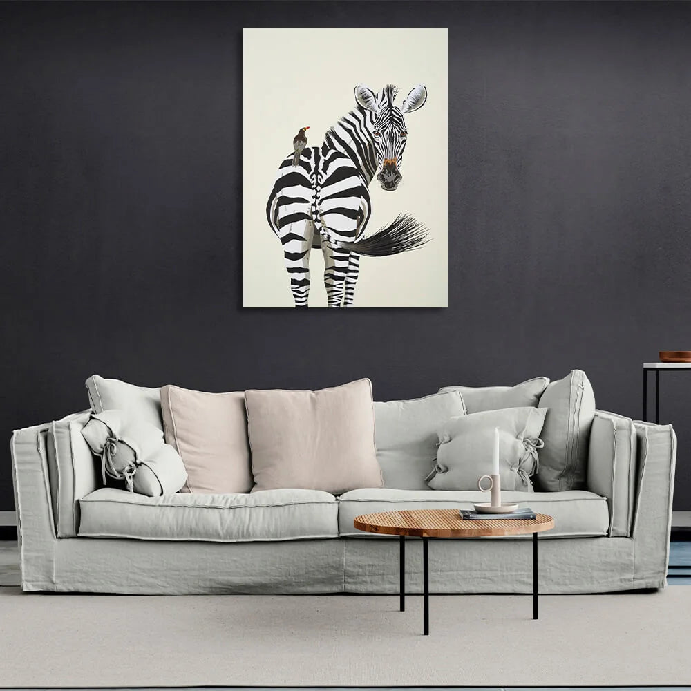 Kunstdruck auf Leinwand, Motiv: Ein Zebra und ein Vogel
