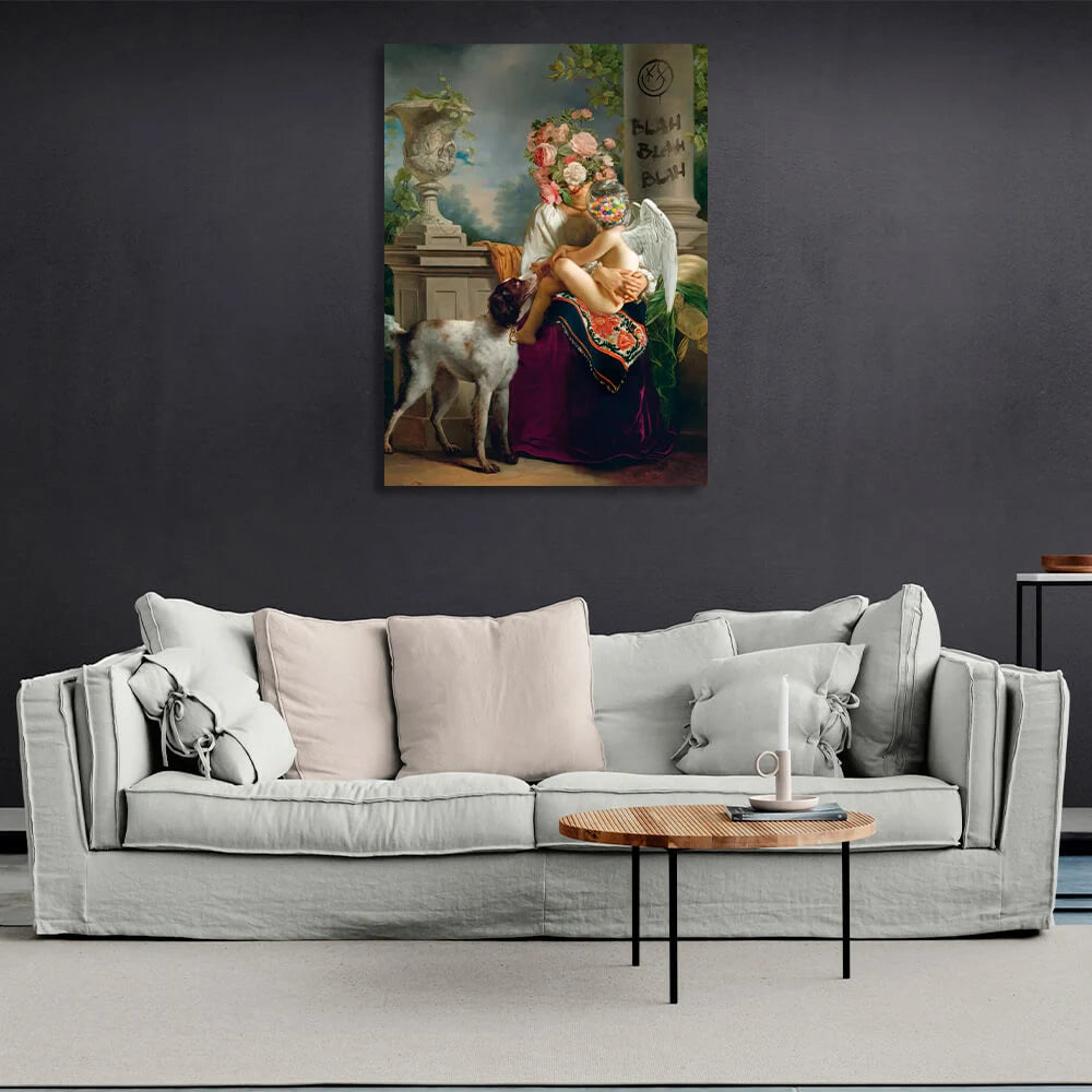 Kunstdruck auf Leinwand, Motiv: Eine Frau mit Blumen auf dem Kopf und ein Engel mit Süßigkeiten