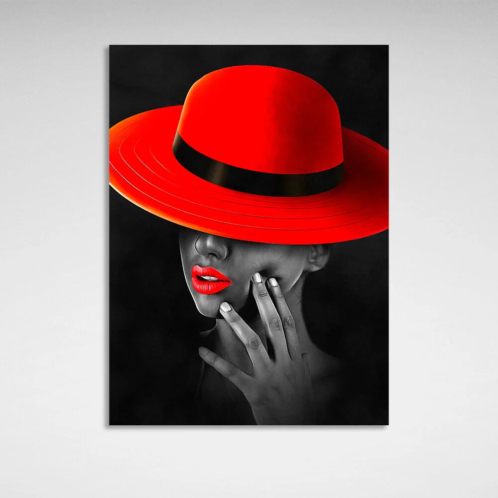 Eine Frau mit roten Lippen und einem roten Panamahut auf Leinwand, Kunstdruck