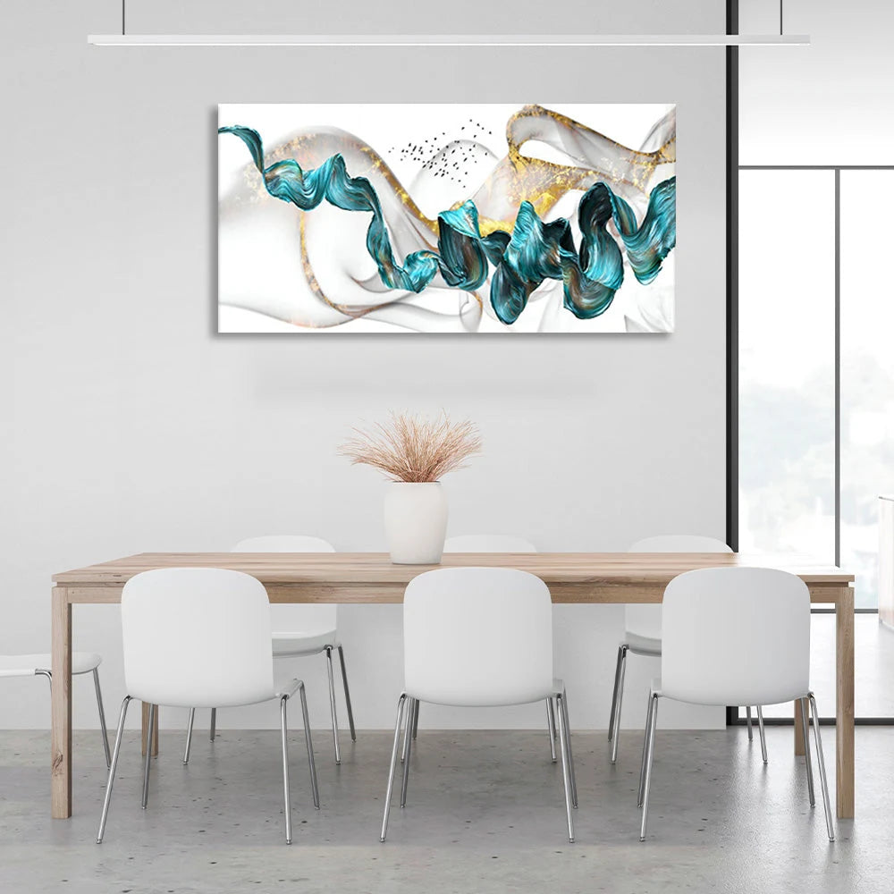 Abstraction in gold, white and turquoise Abstraction Canvas Wall Art Print