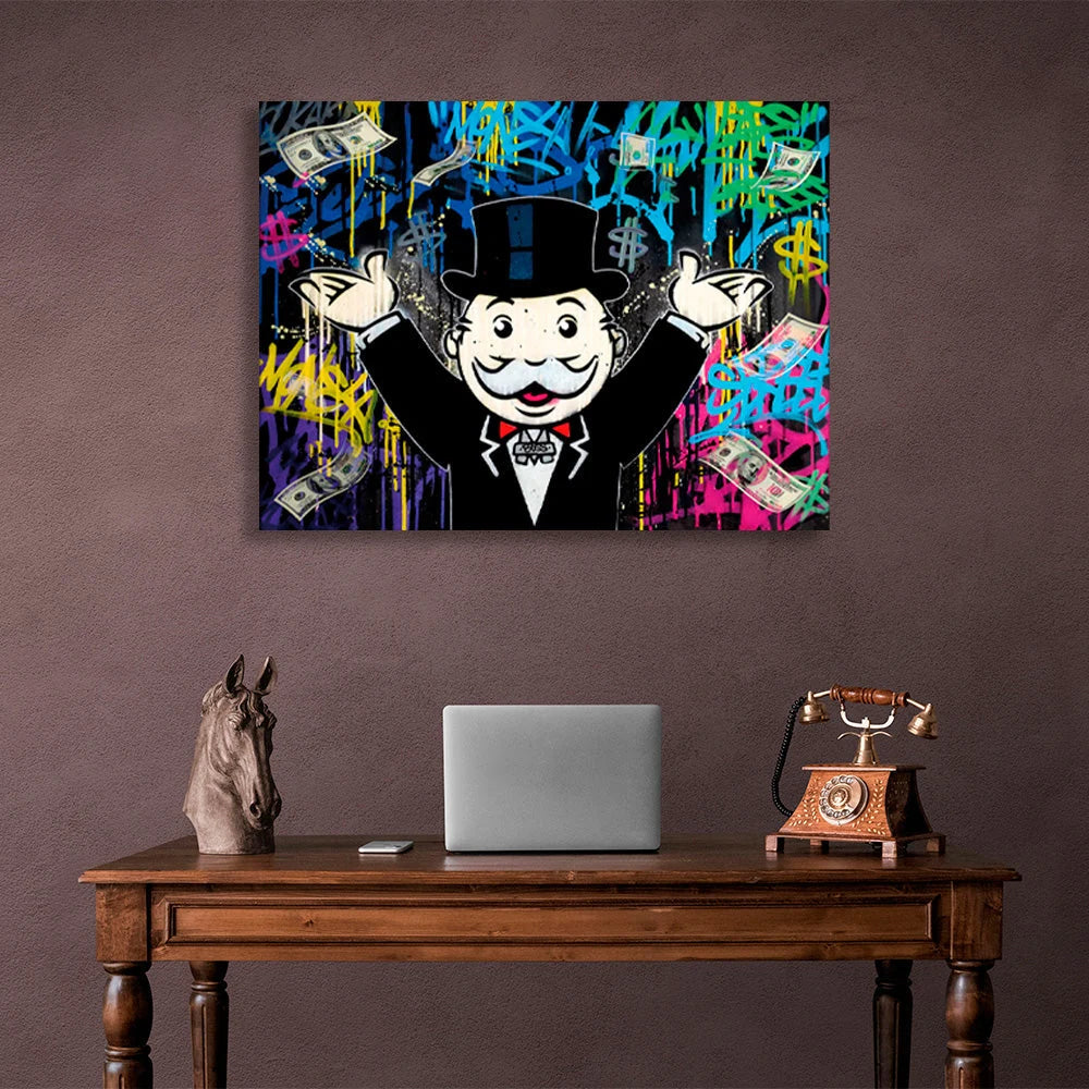 Kunstdruck auf Leinwand mit dem Motiv „Alec Monopoly“ im Hintergrund des Geld-Graffiti