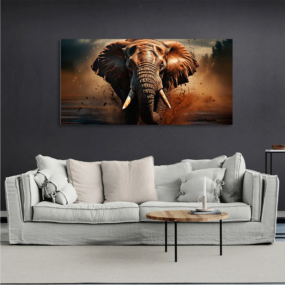 Kunstdruck auf Leinwand mit Elefantenmotiv, der den Fluss entlang läuft