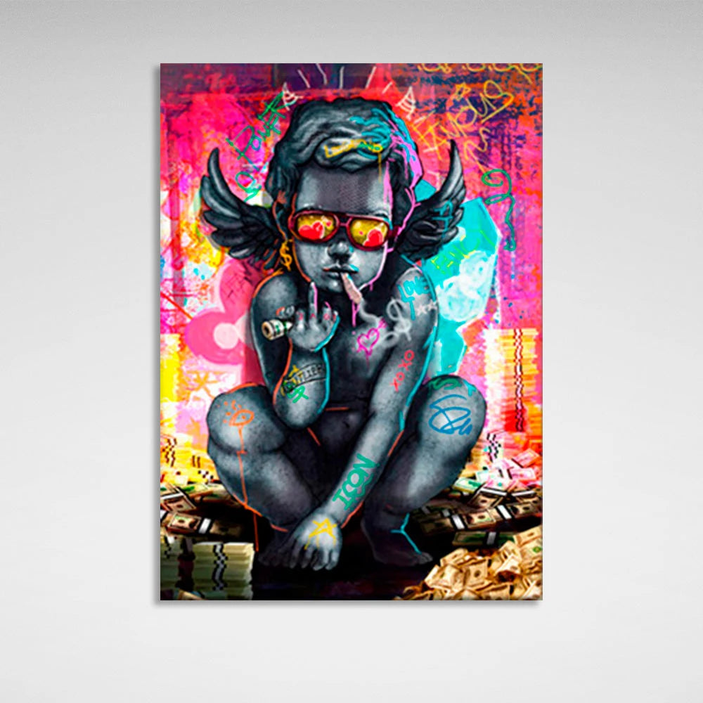 Engel Baby in der Nähe eines Haufens Geld inspirierende Leinwand Wand Kunstdruck